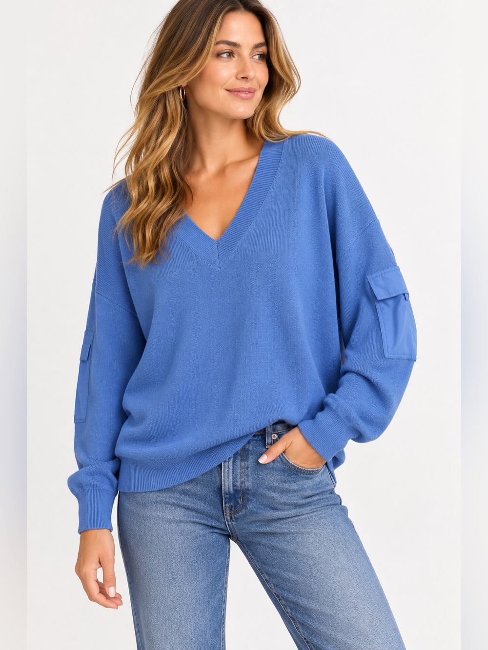 DKNY Women XL Blue V-Neck Sweater Utility Cargo Sleeve Pockets Oversized NWT
